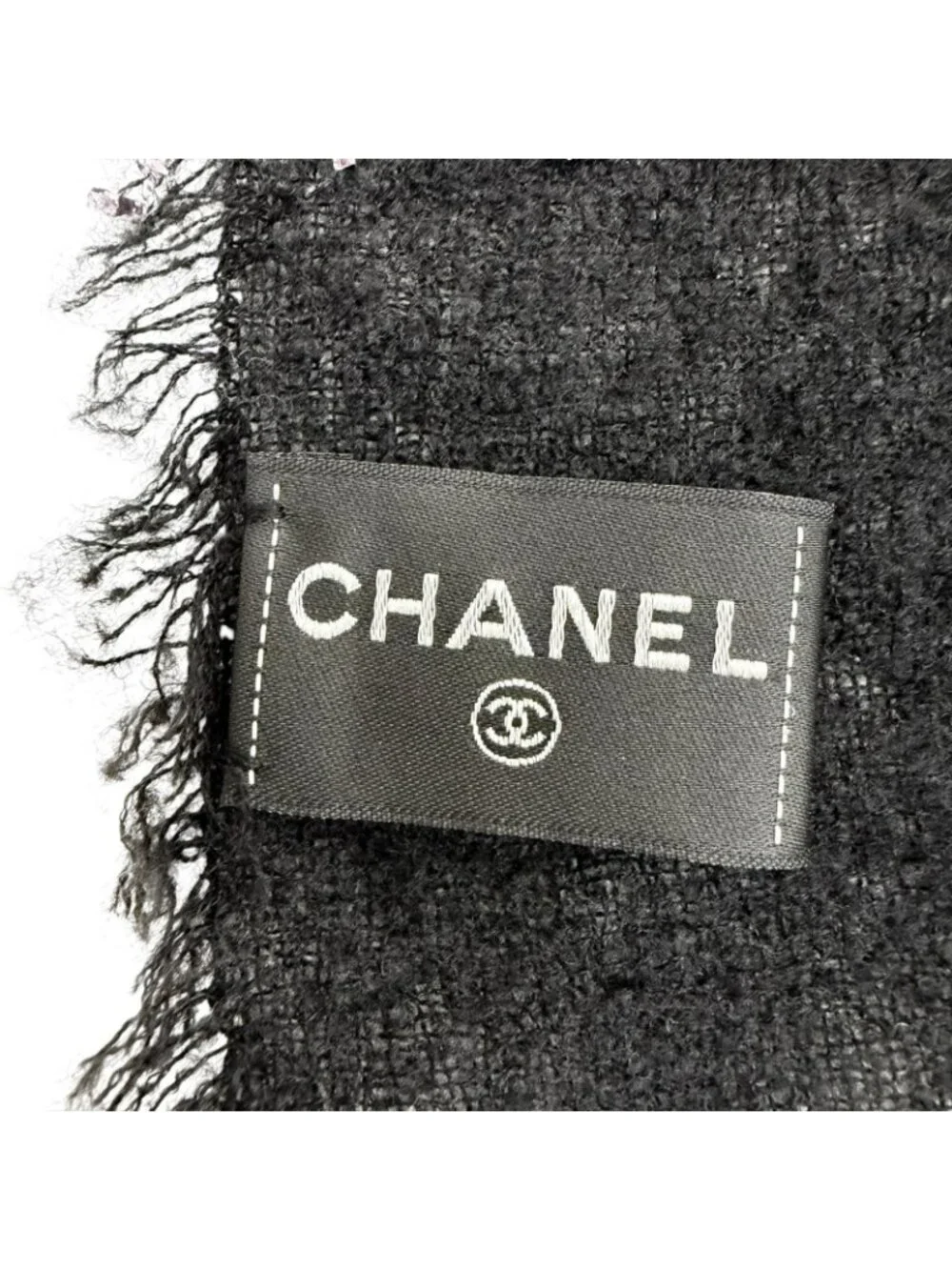 Chanel Cashmere Silk Blend CC Logo Ribbon Plaid Fringe Large Shawl Black Scarf